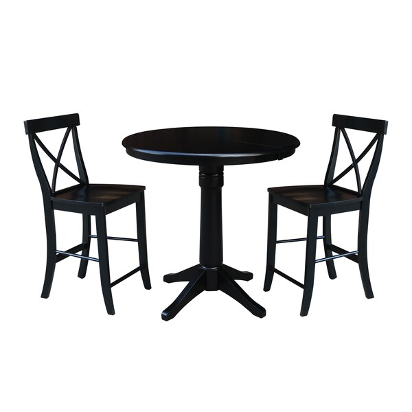 International Concepts Round 36 in Rd Extension Dining Table 34.9 inH, 2 X-Back Counter Ht Stools, Black, 36 in W, 48 in L K46-36RXT-27B-S6132-2 - main